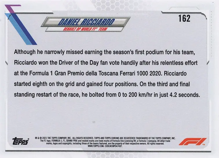 Daniel Ricciardo 2021 Topps Chrome Formula 1 Ract F1 Trading Card #158Ing Purple Green Refractor (Renault Dp World Team) Rare Inser 2
