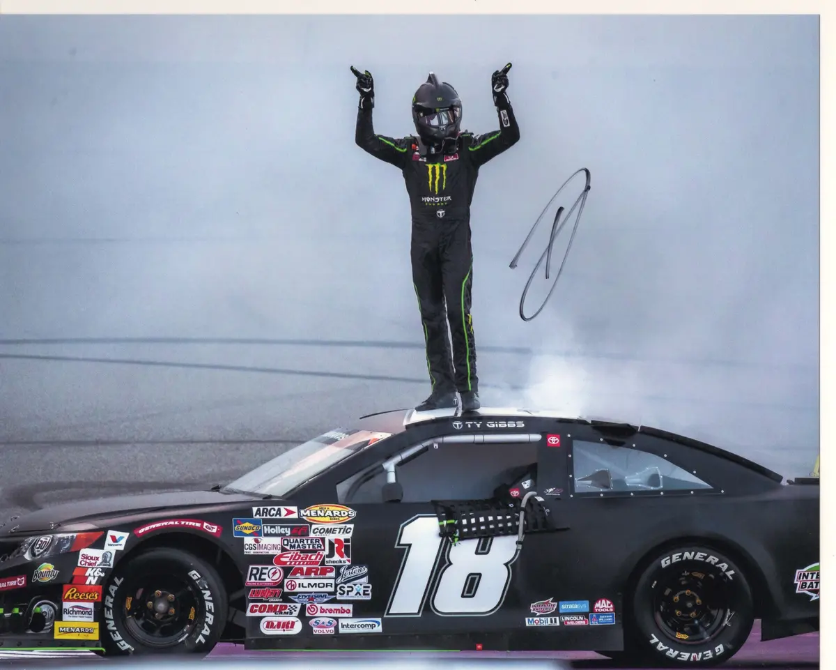 Autographed 2021 Ty Gibbs #18 Joe Gibbs Racing - Michigan Arca Win (Victory Burnout) Signed 8X10 Inch Picture Nascar Glossy Photo With Coa 1