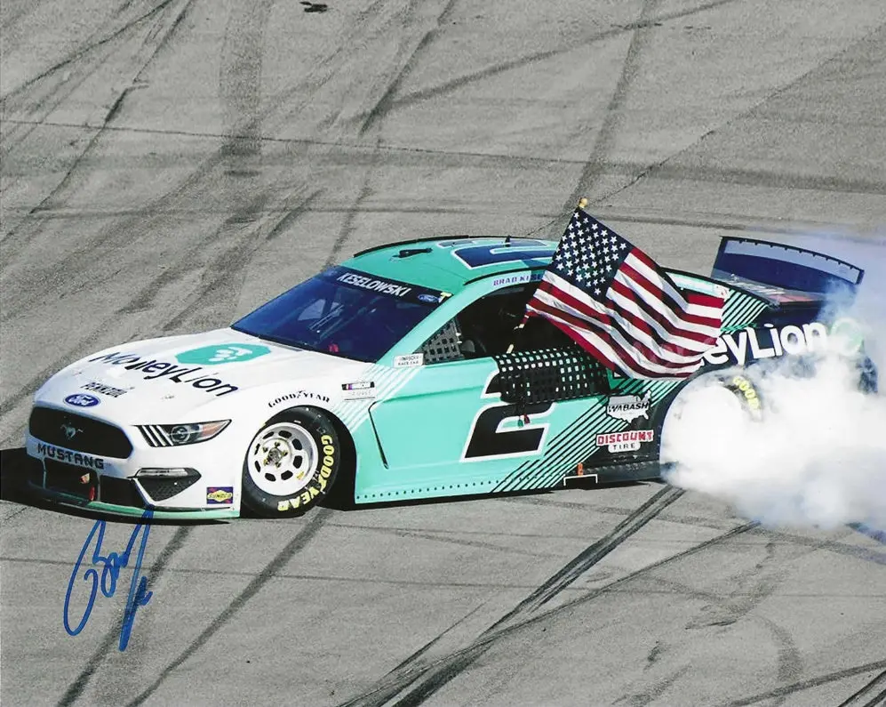 Autographed 2021 Brad Keselowski #2 Money Lion Racing Talladega Win Burnout (American Flag) Nascar Cup Series Signed Glossy Picture 8X10 Inch Photo With Coa 1