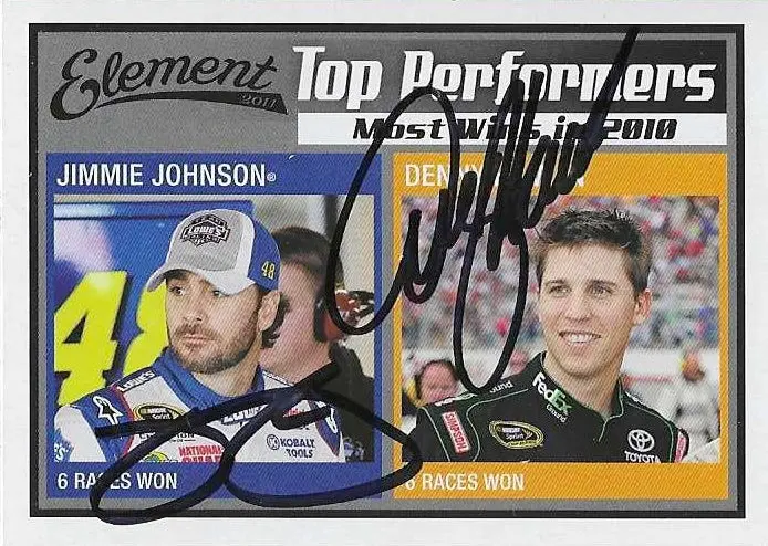 2X Autographed Jimmie Johnson & Denny Hamlin 2011 Wheels Element Top Performers (Most Wins In 2010) Rare Dual Signed Collectible Nascar Trading Card With Coa 1