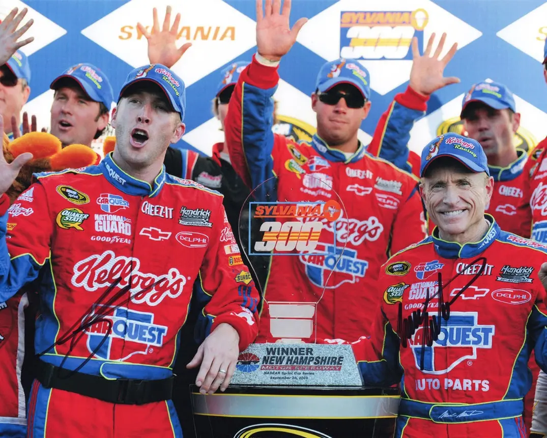 2X Autographed 2009 Mark Martin & Alan Gustafson #5 Kelloggs New Hampshire Win (Victory Lane) Dual Signed 8X10 Inch Picture Racing Photo With Coa 1