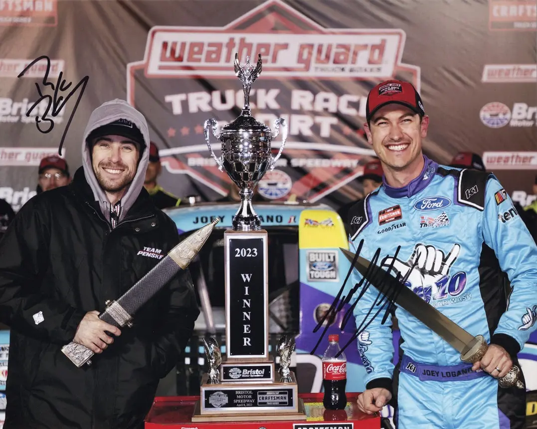 2X Autographed 2023 Joey Logano & Ryan Blaney #66 Truck Series Bristol Dirt Win (Victory Lane) Dual Signed 8X10 Inch Picture Racing Photo With Coa 1