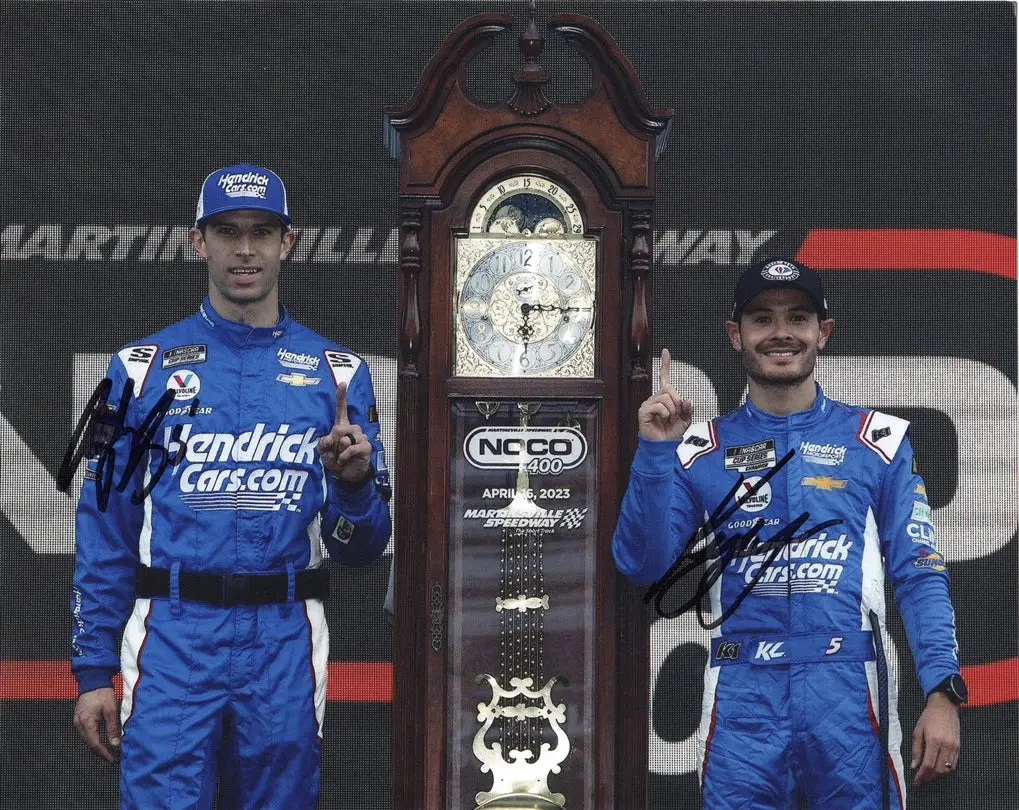 2X Autographed 2023 Kyle Larson & Cliff Daniels #5 Hendrick Martinsville Win (Grandfather Clock) Dual Signed 8X10 Inch Picture Nascar Glossy Photo With Coa 1