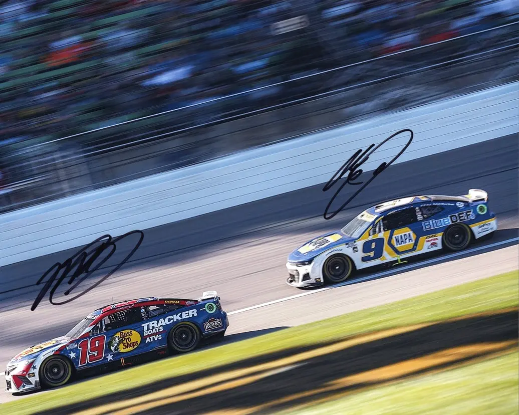 2X Autographed Chase Elliott & Martin Truex Jr. On-Track Racing (#9 Napa Blue Def / #19 Bass Pro Patriotic) Dual Signed 8X10 Inch Picture Nascar Glossy Photo With Coa 1