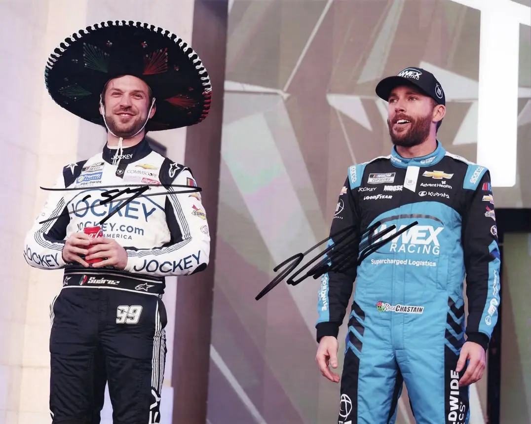 2X Autographed Ross Chastain & Daniel Suarez 2023 Trackhouse Racing Team (Driver Introductions) Dual Signed 8X10 Inch Picture Nascar Photo With Coa 1