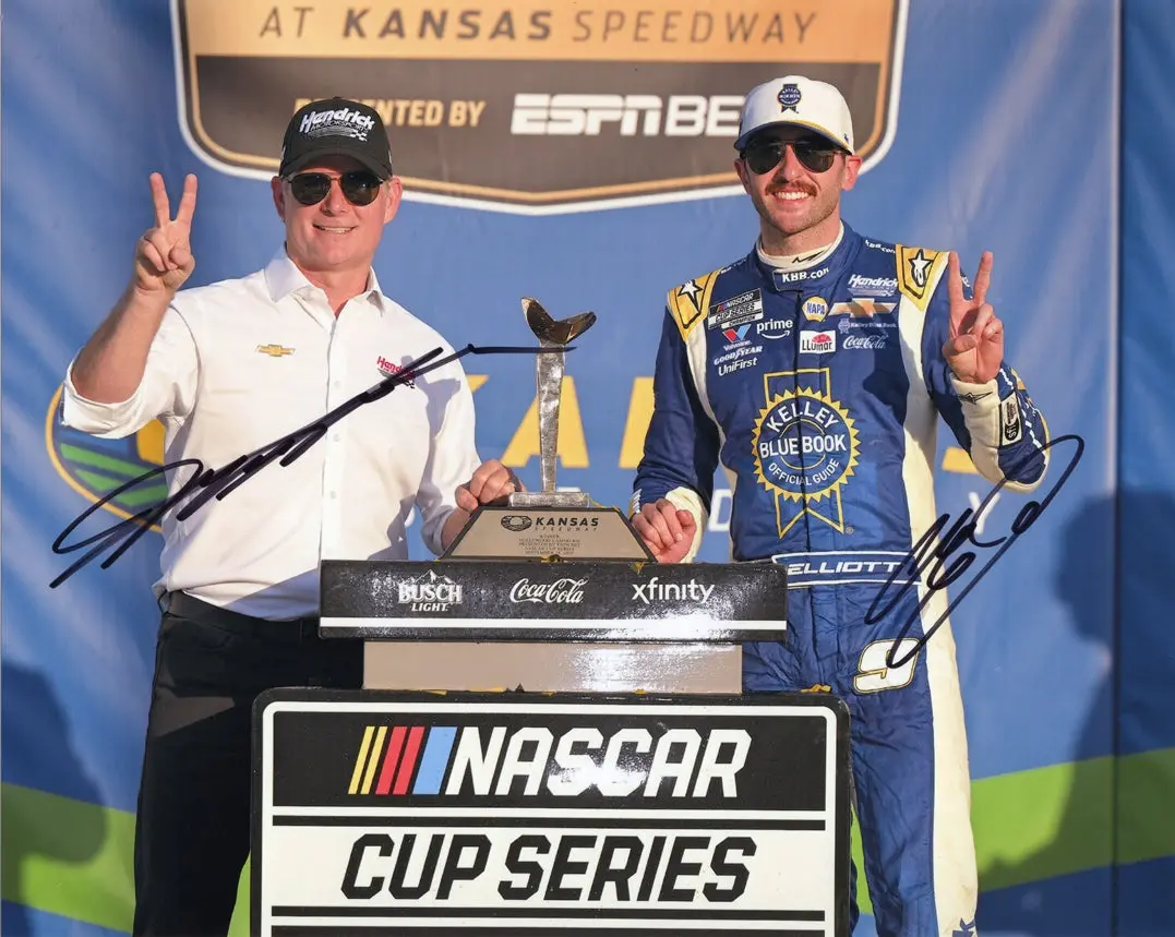2X Autographed 2025 Chase Elliott & Jeff Gordon #9 Kelley Blue Book - Kansas Win (Victory Lane Trophy) Dual Signed 8X10 Inch Picture Nascar Glossy Photo With Coa 1