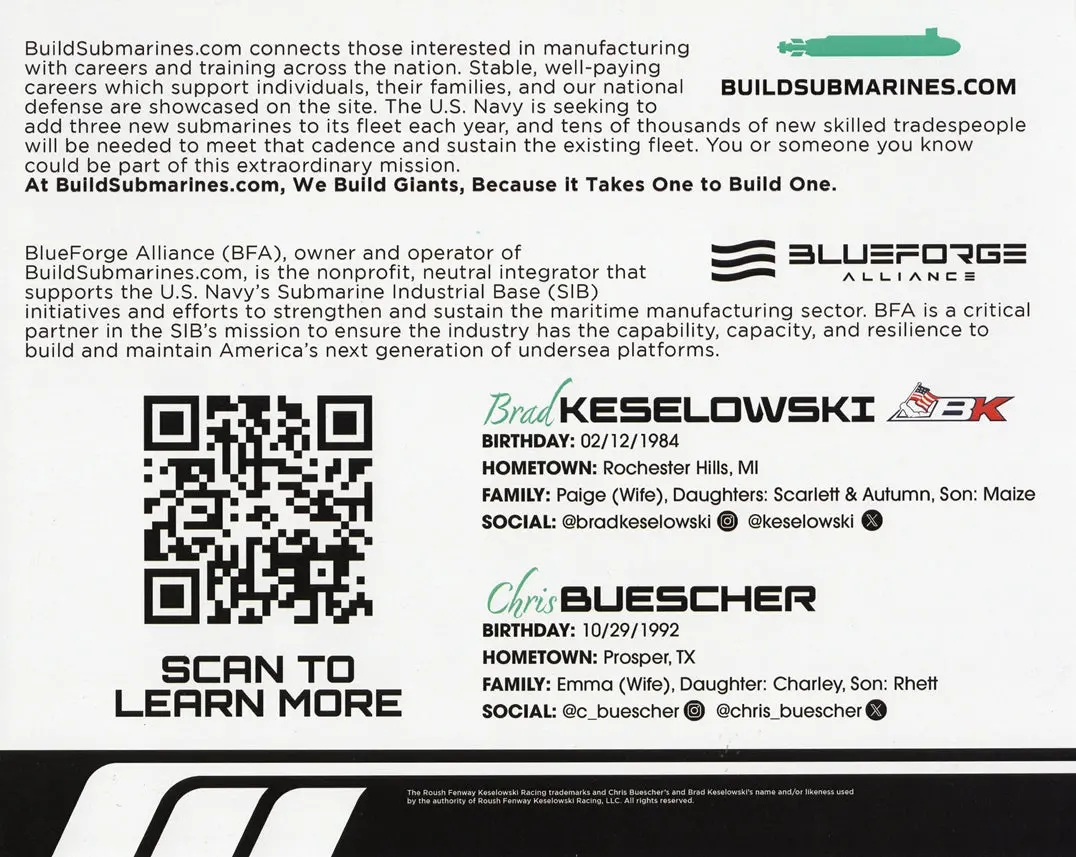 2X Autographed Brad Keselowski & Chris Buescher 2025 Build Submarines Car (Rfk Racing Team) Official Hero Card Dual Signed 8X10 Inch Picture Nascar Photo With Coa 2