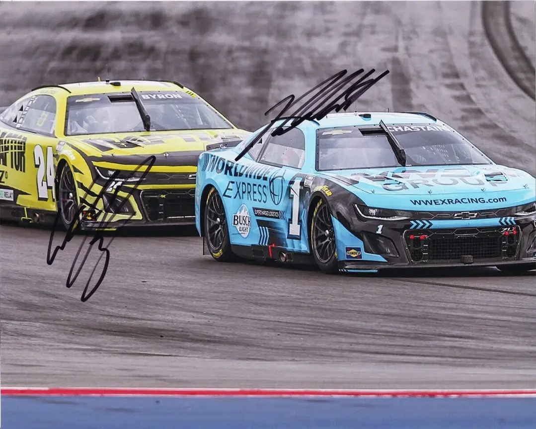 2X Autographed Ross Chastain & William Byron 2024 On-Track Racing (#1 Worldwide Express / #24 Raptor) Dual Signed 8X10 Inch Nascar Photo With Coa 1