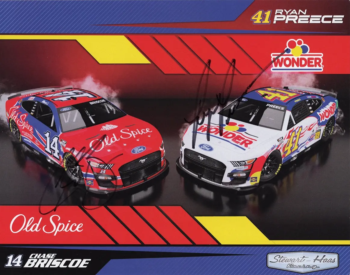 2X Autographed Ryan Preece & Chase Briscoe 2023 Talladega Nights (#41 Wonder Bread / #14 Old Spice) Official Hero Card Dual Signed 9X11 Inch Picture Nascar Photo With Coa 1
