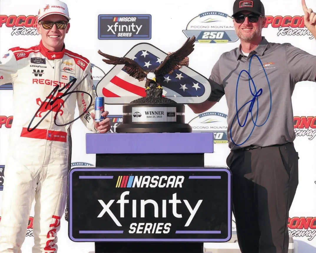 2X Autographed 2025 Connor Zilisch & Dale Earnhardt Jr. #88 Registix - Pocono Race Win (Victory Lane Trophy) Dual Signed 8X10 Inch Picture Nascar Glossy Photo With Coa 1