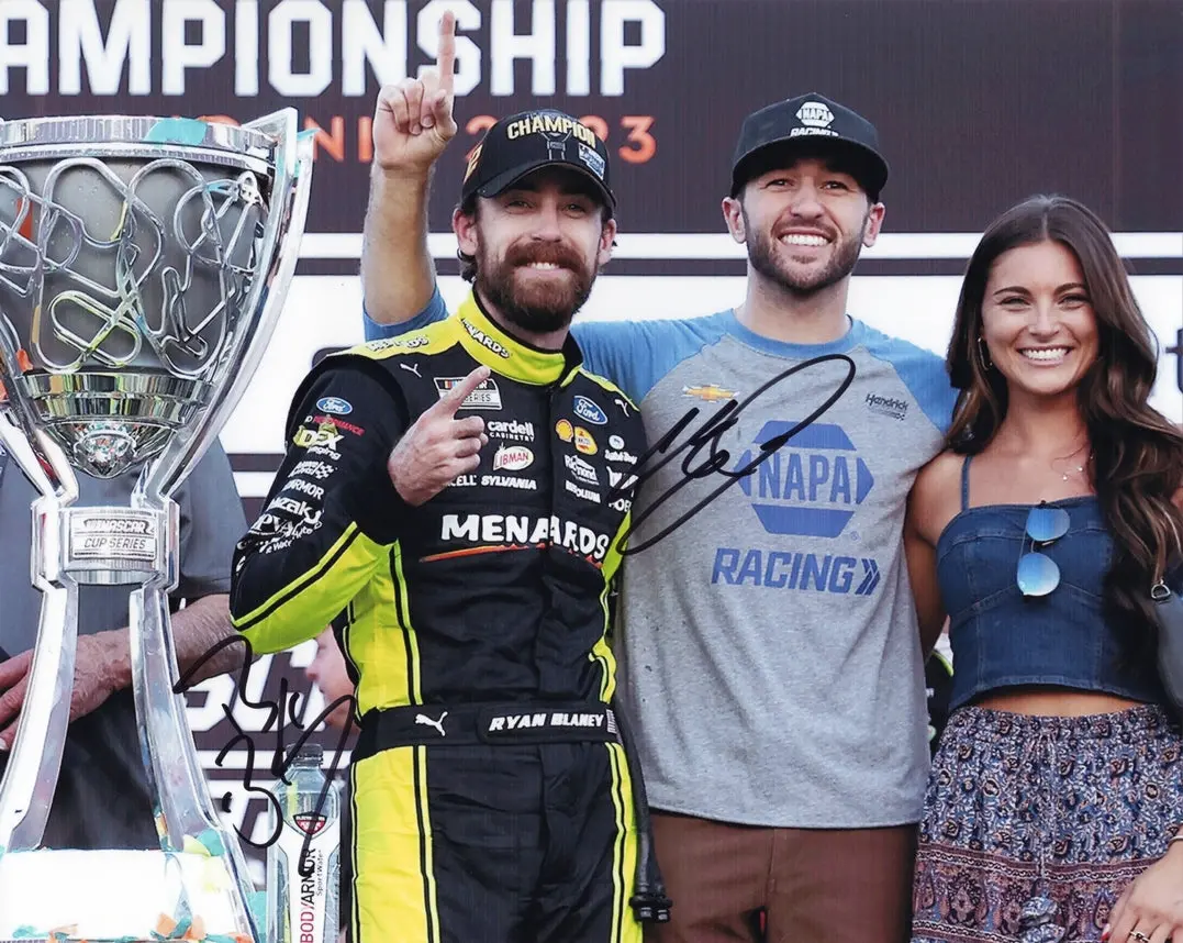 2X Autographed Ryan Blaney & Chase Elliott 2023 Nascar Champion (Victory Lane Friends) Dual Signed 8X10 Inch Nascar Photo With Coa 1