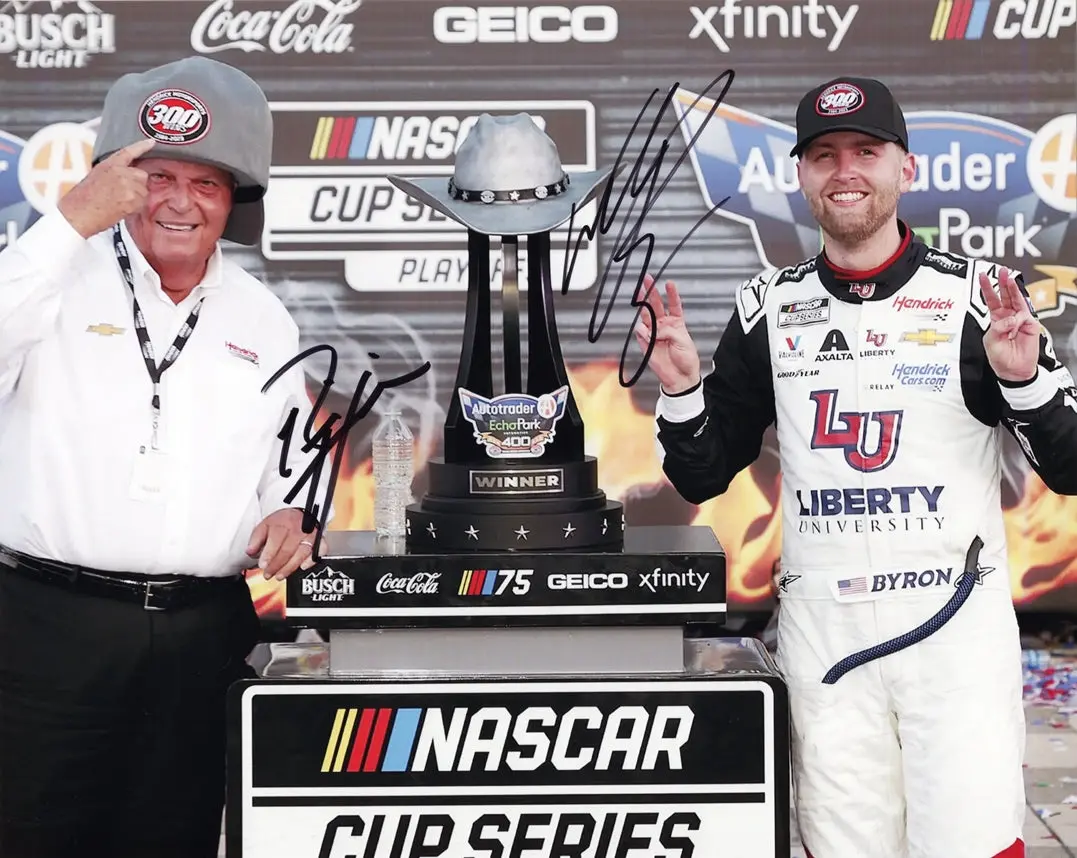 2X Autographed 2023 William Byron & Rick Hendrick #24 Liberty Texas Wn (300Th Victory) Dual Signed 8X10 Inch Picture Racing Photo With Coa 1