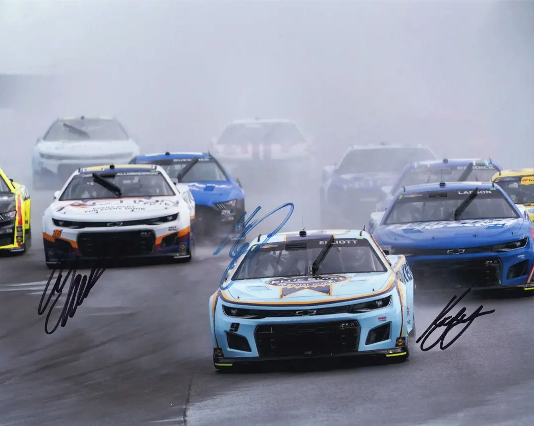 3X Autographed Chase Elliott / Kyle Larson / Aj Allmendinger 2022 Road Course Triple Signed 8X10 Inch Picture Nascar Photo With Coa 1