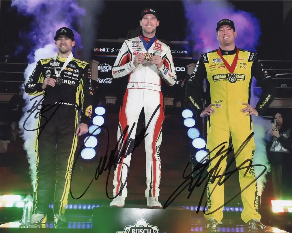 3X Autographed Denny Hamlin / Ryan Blaney / Kyle Busch 2024 Busch Clash Victory Lane (La Colloseum) Signed 8X10 Inch Nascar Photo With Coa 1