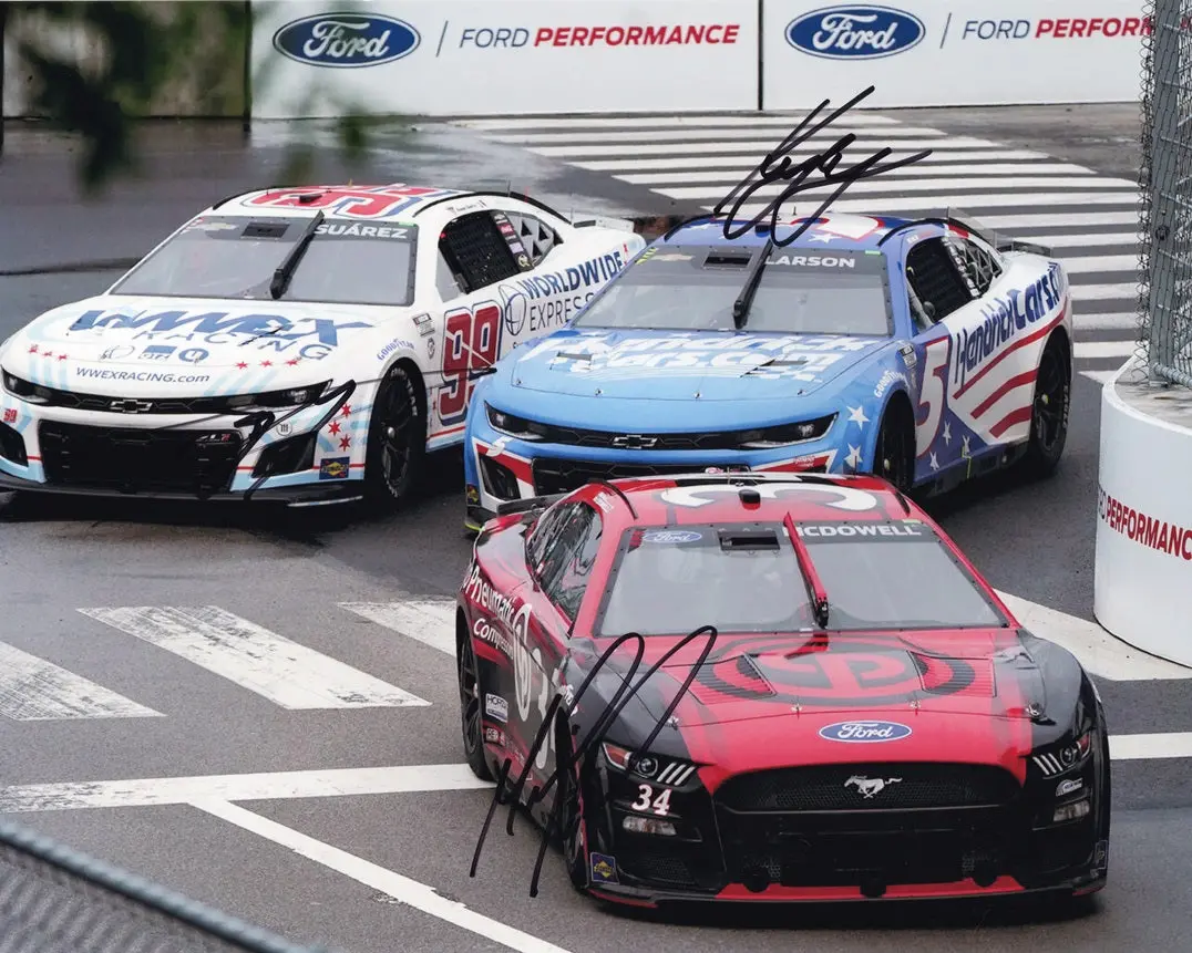 3X Autographed Kyle Larson / Daniel Suarez / Michael Mcdowell 2023 Chicago Street Course Triple Signed 8X10 Inch Picture Nascar Photo With Coa 1