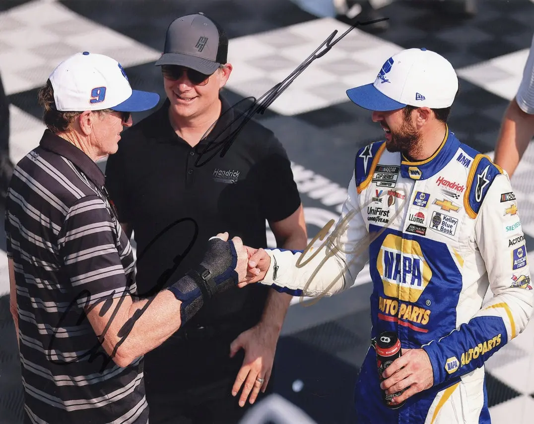 3X Autographed Chase Elliott / Jeff Gordon / Bill Elliott #9 Race Win Victory Lane Triple Signed 8X10 Inch Picture Nascar Glossy Photo With Coa 1