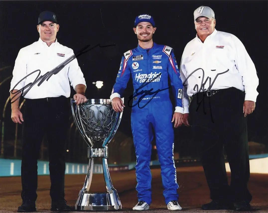 3X Autographed Kyle Larson / Jeff Gordon / Rick Hendrick 2021 Phoenix Raceway Nascar Champion (Trophy Track Pose) Triple Signed 8X10 Inch Picture Nascar Glossy Photo With Coa 1