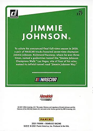Autographed Jimmie Johnson 2021 Panini Donruss Racing (#48 Ally Team) Hendrick Motorsports Nascar Cup Series Signed Collectible Trading Card With Coa 2