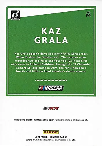 Autographed Kaz Grala 2021 Panini Donruss Purple Parallel (#21 Richard Childress Racing Team) Xfinity Series Rare Insert Signed Nascar Collectible Trading Card With Coa #38/49 2