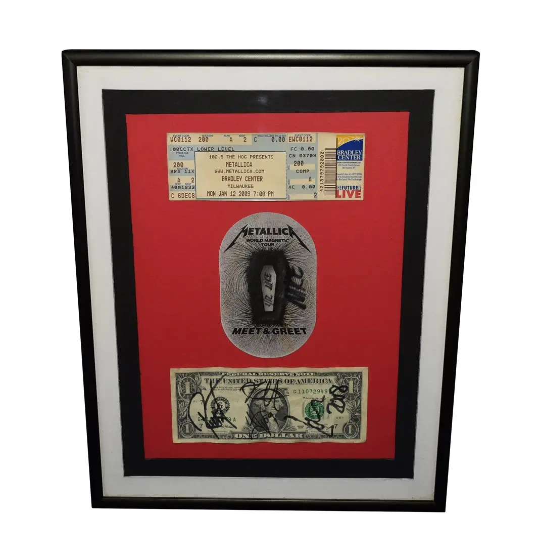 Signed Kirk Hammett / James Hetfield / Robert Trujillo / Lars Ulrich Metallica 2009 Meet & Greet (Band Signed) Framed 11.5 X 14.5 Inch Ticket & Dollar Bill Photo 1