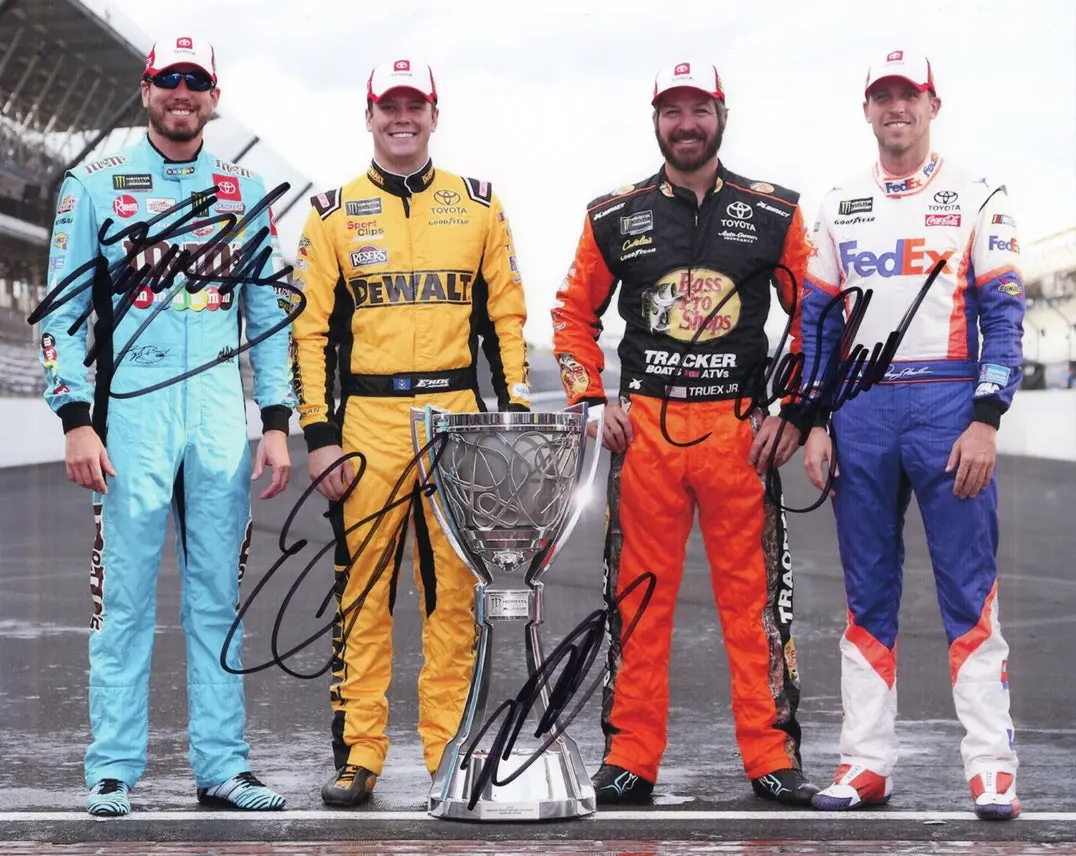 4X Autographed Kyle Busch / Denny Hamlin / Martin Truex Jr. / Erik Jones (Joe Gibbs Racing) Championship Trophy Signed 8X10 Inch Picture Nascar Photo With Coa 1