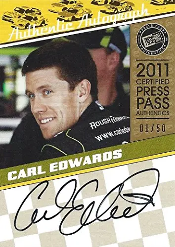 Autographed Carl Edwards 2011 Press Pass Legends Racing Certified Press Pass Authentic Autograph (#99 Aflac Racing Team) Signed Collectible Nascar Trading Card With Coa (#01 Of 50 Produced) 1