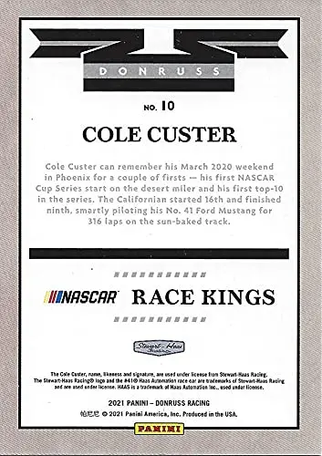 Autographed Cole Custer 2021 Panini Dronuss Racing Race Kings Rookie (#41 Haas Team) Nascar Cup Series Rare Blue Parallel Insert Signed Collectible Trading Card With Coa #148/199 2