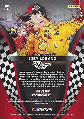 Autographed Joey Logano 2018 Panini Victory Lane Racing Past Winners (Talladega Race Win) #22 Shell Team Penske Monster Cup Series Signed Nascar Collectible Trading Card With Coa 2