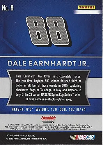 Autographed Dale Earnhardt Jr. 2016 Panini Prizm Racing (#88 Nationwide Team) Hendrick Motorsports Signed Nascar Collectible Trading Card With Coa 2