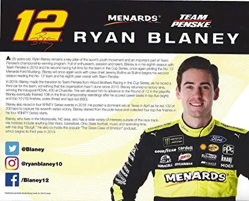 Autographed 2019 Ryan Blaney #12 Cardell Cabinetry/Menards Ford Mustang (Team Penske Racing) Monster Energy Cup Series Signed Collectible Picture Nascar 8X10 Inch Official Hero Card Photo With Coa 2