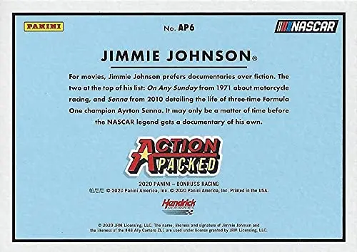 Autographed Jimmie Johnson 2020 Panini Donruss Racing Action Packed (#48 Ally Team) Hendrick Motorsports Insert Signed Nascar Collectible Trading Card With Coa 2
