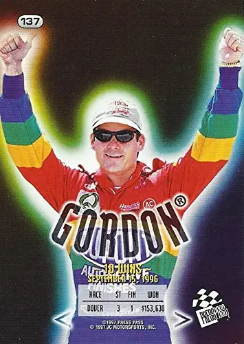 Autographed Jeff Gordon 1997 Press Pass Racing Darlington Race Win (#24 Dupont Rainbow Team) Hendrick Motorsports Vintage Signed Nascar Collectible Trading Card With Coa 2