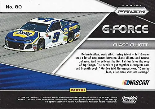 Autographed Chase Elliott 2018 Panini Prizm Racing G-Force (#9 Napa Auto Parts Team) Hendrick Motorsports Insert Signed Collectible Nascar Trading Card With Coa 2