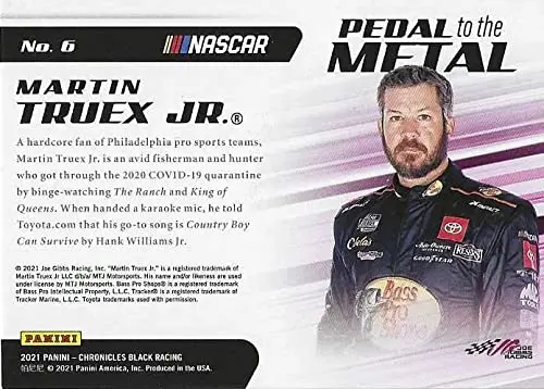 Autographed Martin Truex Jr. 2021 Panini Chronicles Black Racing Pedal To The Metal (#19 Bass Pro Shops) Rare Green Parallel Insert Signed Nascar Collectible Trading Card With Coa 2