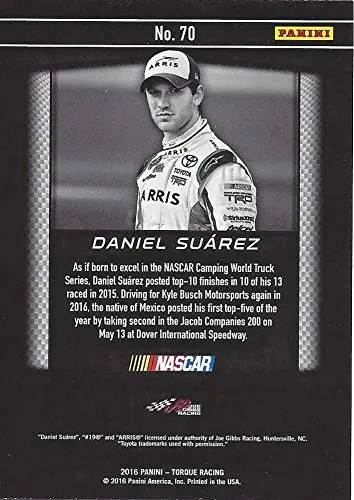 Autographed Daniel Suarez 2016 Panini Torque Racing (Joe Gibbs Arris Toyota Team) Nationwide Series Signed Nascar Collectible Trading Card With Coa 2