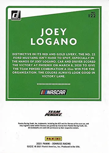 Autographed Joey Logano 2021 Panini Donruss Racing Rare Red Parallel (#22 Shell Pennzoil) Team Penske Nascar Cup Series Signed Collectible Trading Card With Coa #238/299 2