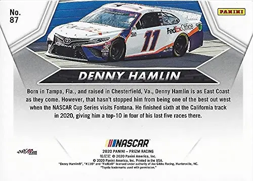 Autographed Denny Hamlin 2020 Panini Prizm Powertrain (#11 Fedex Team) Joe Gibbs Racing Nascar Cup Series Insert Signed Collectible Trading Card With Coa 2