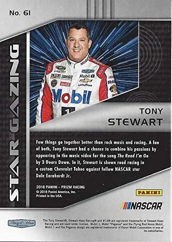 Autographed Tony Stewart 2018 Panini Prizm Racing Star Gazing (#14 Mobil 1 Team) Insert Signed Nascar Collectible Trading Card With Coa 2