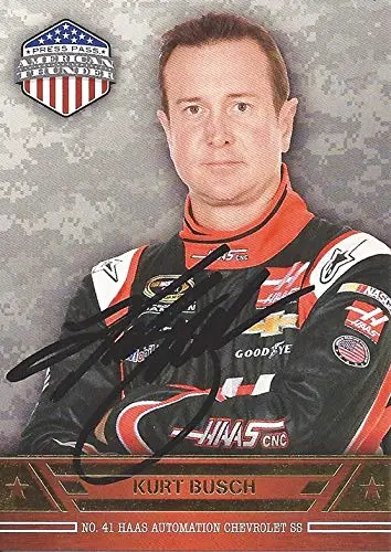 Autographed Kurt Busch 2014 Press Pass American Thunder Racing (#41 Stewart-Haas Team) Sprint Cup Series Signed Nascar Collectible Trading Card With Coa 1