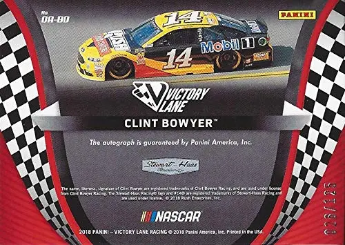 Autographed Clint Bowyer 2018 Panini Victory Lane Racing Octane Autographs (#14 Rush Truck Centers) Monster Energy Cup Series Signed Collectible Nascar Trading Card #026/125 2