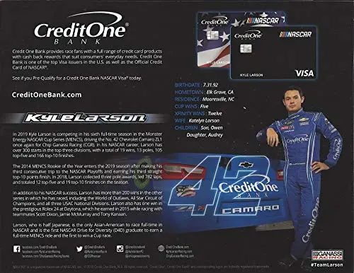 Autographed 2019 Kyle Larson #42 Credit One Chevrolet Camaro Team (Chip Ganassi Racing) Monster Energy Cup Series Signed Collectible Picture Nascar 9X11 Inch Official Hero Card Photo With Coa 2
