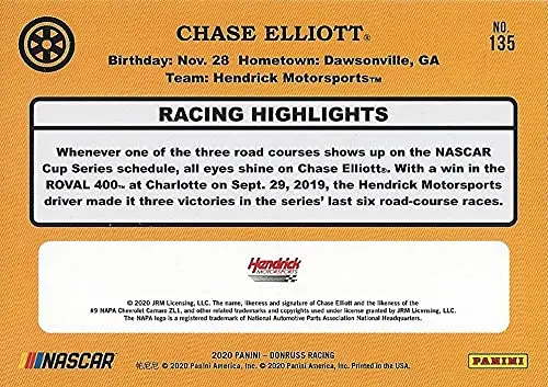 Autographed Chase Elliott 2020 Panini Donruss Racing (#9 Napa Driver) Hendrick Motorsports Black Border Signed Collectible Nascar Trading Card With Coa 2