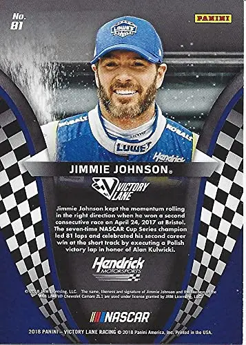 Autographed Jimmie Johnson 2018 Panini Victory Lane Racing Past Winners (2017 Bristol Win) Hendrick Motorsports Signed Nascar Collectible Trading Card With Coa 2