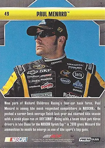 Autographed Paul Menard 2011 Press Pass Stealth Racing (#27 Menard Chevrolet) Rcr Sprint Cup Series Chrome Signed Nascar Collectible Trading Card With Coa 2