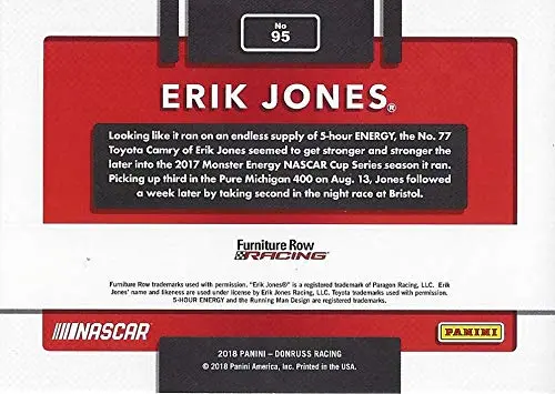 Autographed Erik Jones 2018 Panini Donruss Racing (#77 Furniture Row Team) 5-Hour Energy Toyota Monster Cup Series Signed Nascar Collectible Trading Card With Coa 2