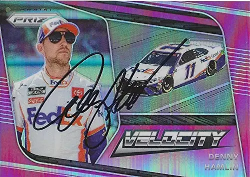 Autographed Denny Hamlin 2020 Panini Prizm Velocity (#11 Fedex Team) Joe Gibbs Racing Nascar Cup Series Rare Pink Prizm Insert Signed Collectible Nascar Trading Card With Coa #20/50 1