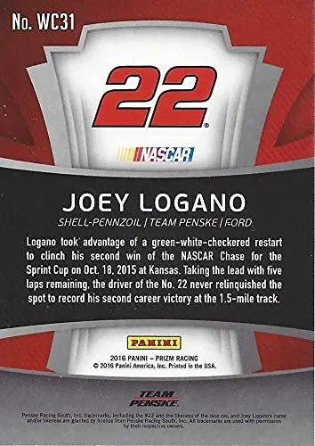 Autographed Joey Logano 2016 Panini Prizm Racing Winners Circle Kansas Win (#22 Shell Pennzoil) Team Penske Sprint Cup Series Signed Nascar Collectible Trading Card With Coa 2