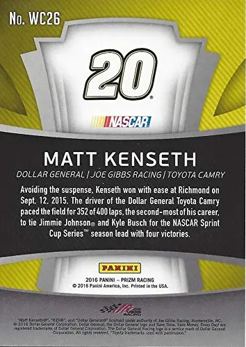 Autographed Matt Kenseth 2016 Panini Prizm Racing Winners Circle (Richmond Race Win) Joe Gibbs Racing Signed Nascar Collectible Trading Card With Coa 2