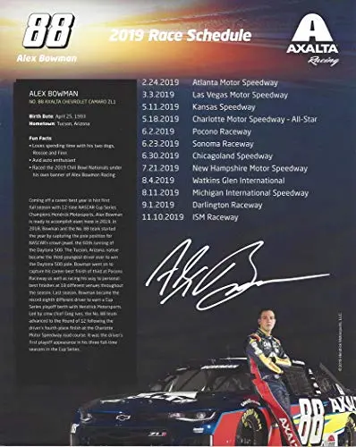 Autographed 2019 Alex Bowman #88 Axalta Chevrolet Camaro Racing (Hendrick Motorsports) Monster Energy Cup Series Signed Collectible Picture Nascar 8X10 Inch Hero Card Photo With Coa 2