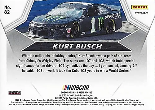 Autographed Kurt Busch 2020 Panini Prizm Powertrain Rare Prizm (#1 Monster Team) Chip Ganassi Racing Monster Cup Series Insert Signed Nascar Collectible Trading Card With Coa 2